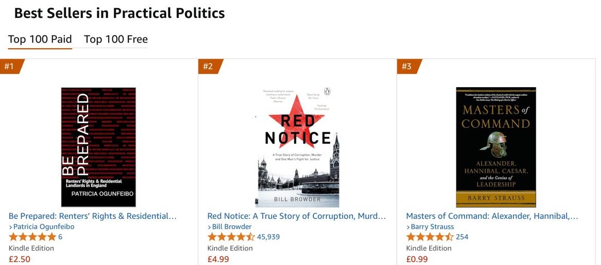 Amazon Best Sellers in Practical Politics, Kindle Store: Be Prepared by Patricia Ogunfeibo at #1, ahead of Red Notice by Bill Browder at #2 and Masters of Command by Barry Strauss at #3