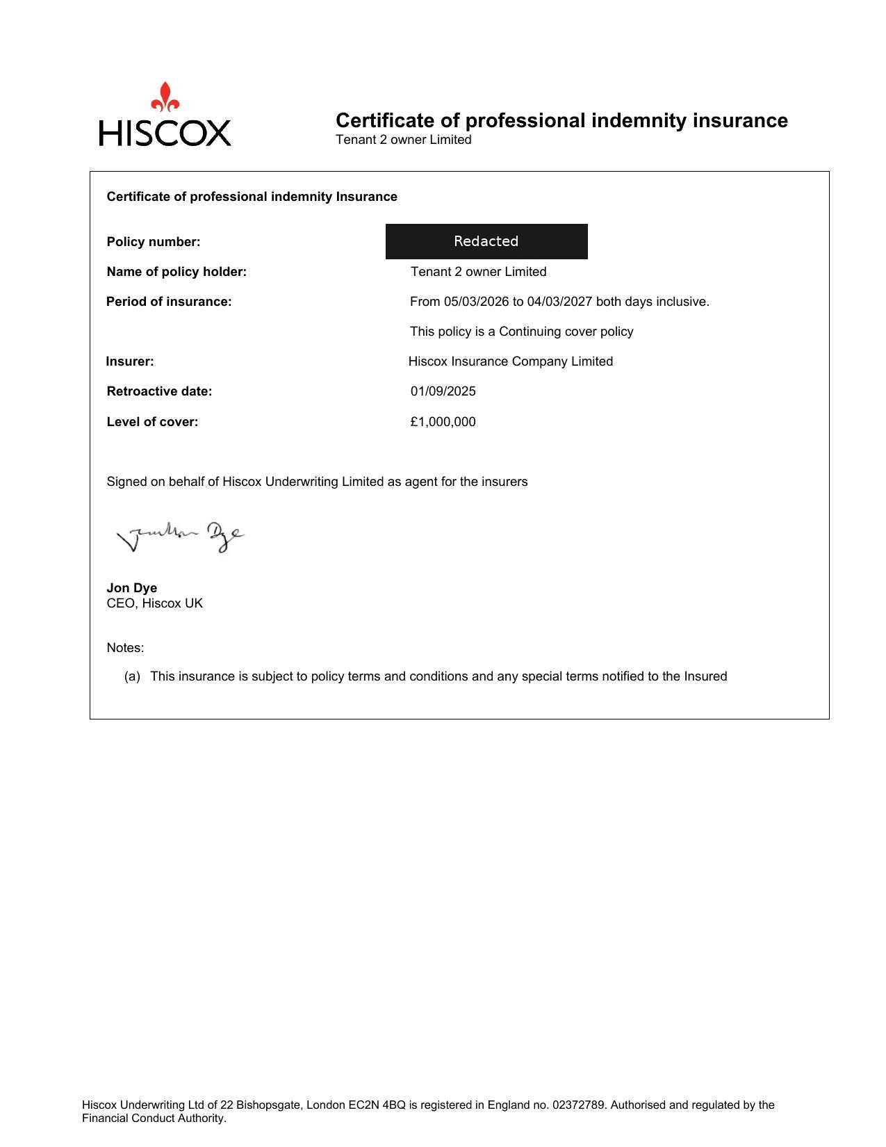 Hiscox professional indemnity insurance certificate for Tenant 2 Owner Limited, with the policy number redacted